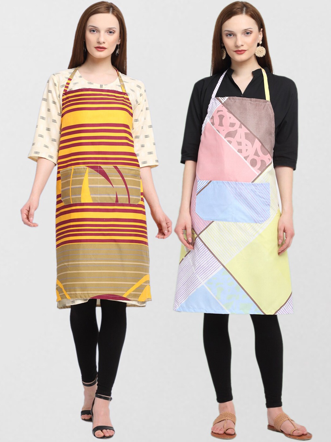 KLOTTHE Unisex Pack Of 2 Printed 210TC Cotton Aprons, Yellow
