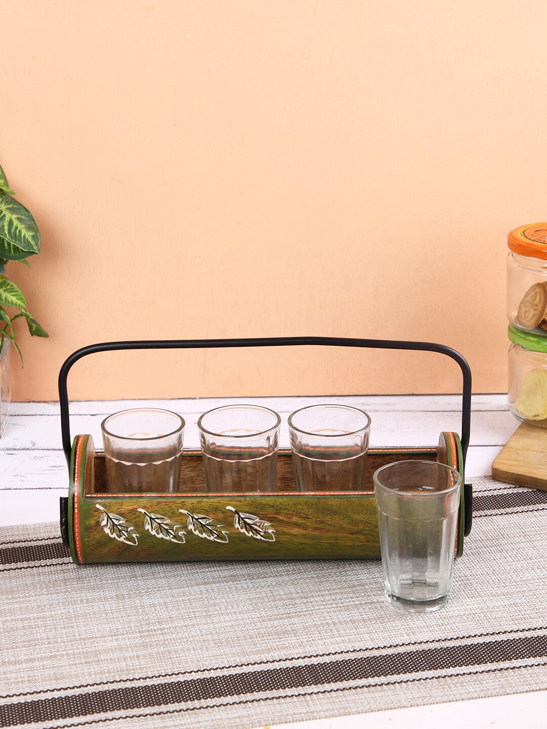 

Aapno Rajasthan Set Of 3 Handcrafted Glasses With Wooden Tray, Transparent