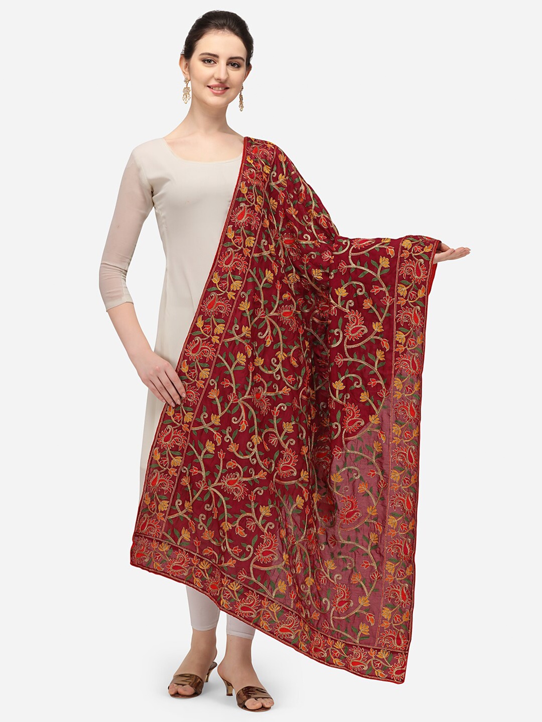 

VASTRANAND Maroon & Green Ethnic Motifs Embroidered Dupatta with Thread Work