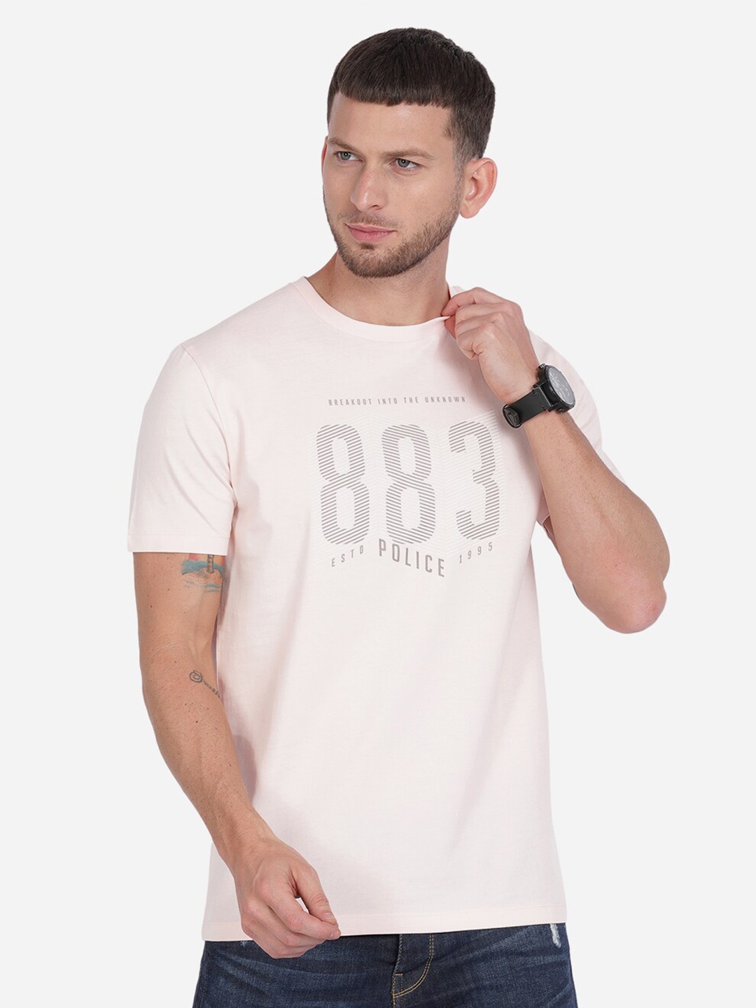 

883 Police Men Pink Brand Logo Printed Cotton T-shirt