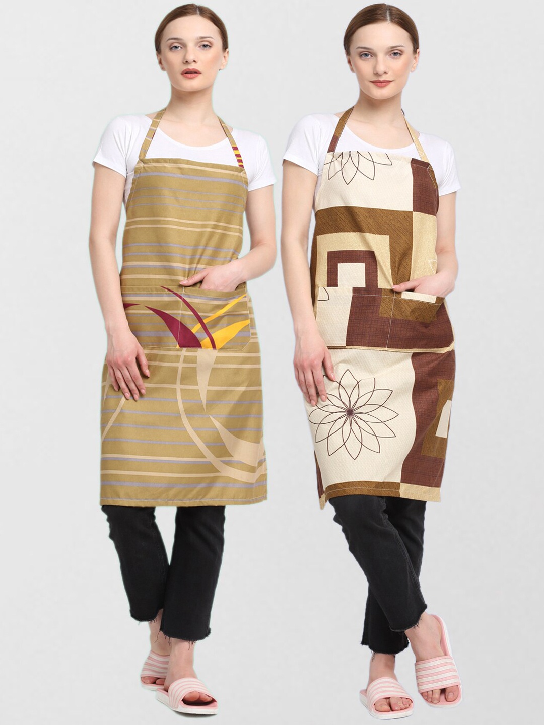 

KLOTTHE Pack Of 2 Printed 210 TC Cotton Aprons, Beige