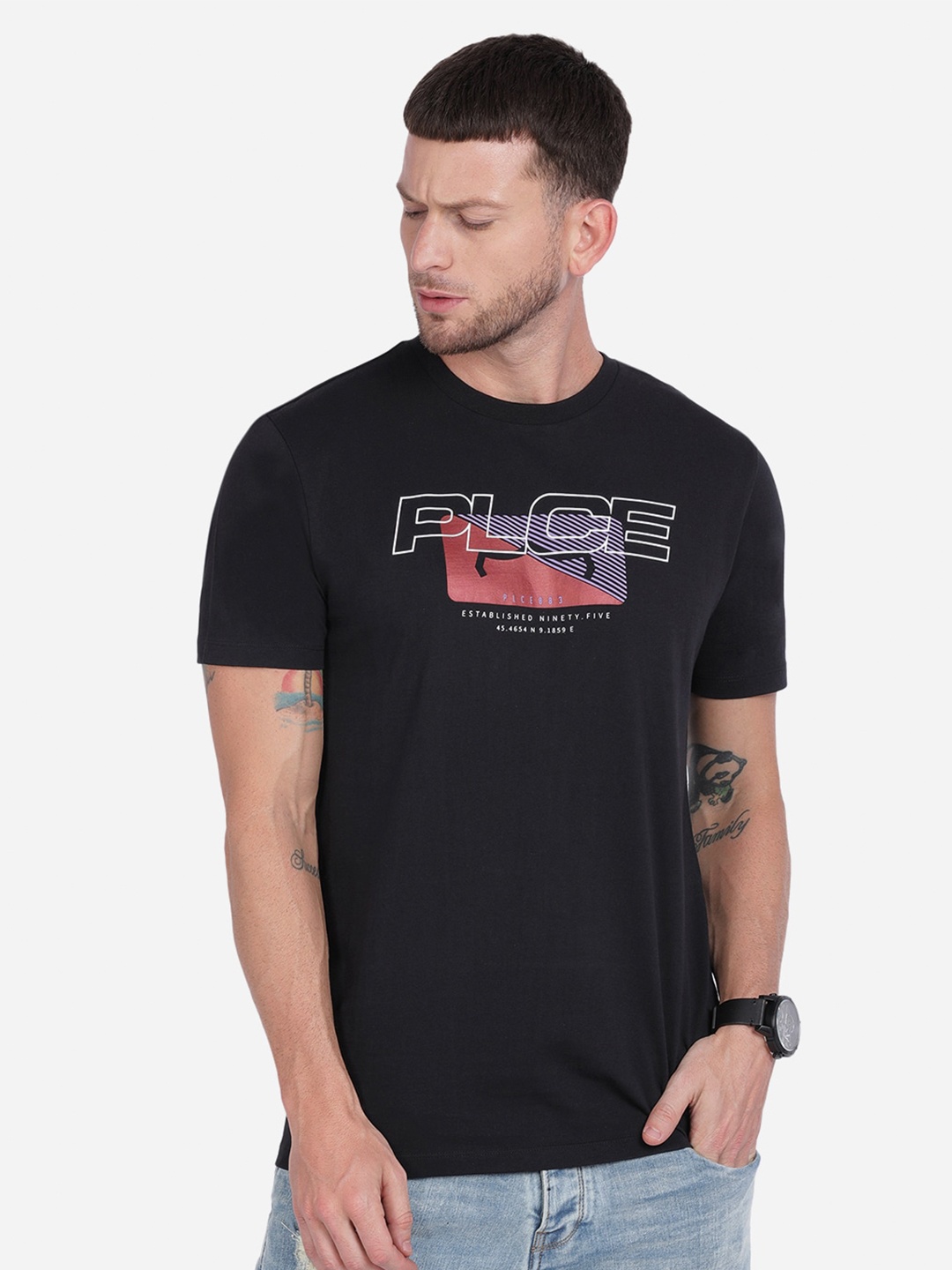

883 Police Men Black Printed Cotton T-shirt