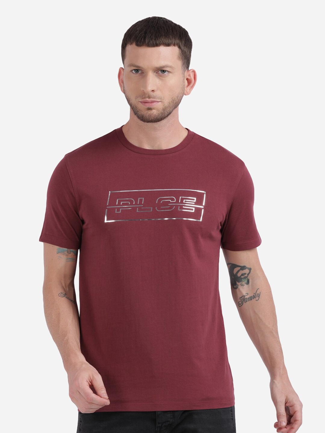 

883 Police Men Maroon Typography Printed Cotton T-shirt