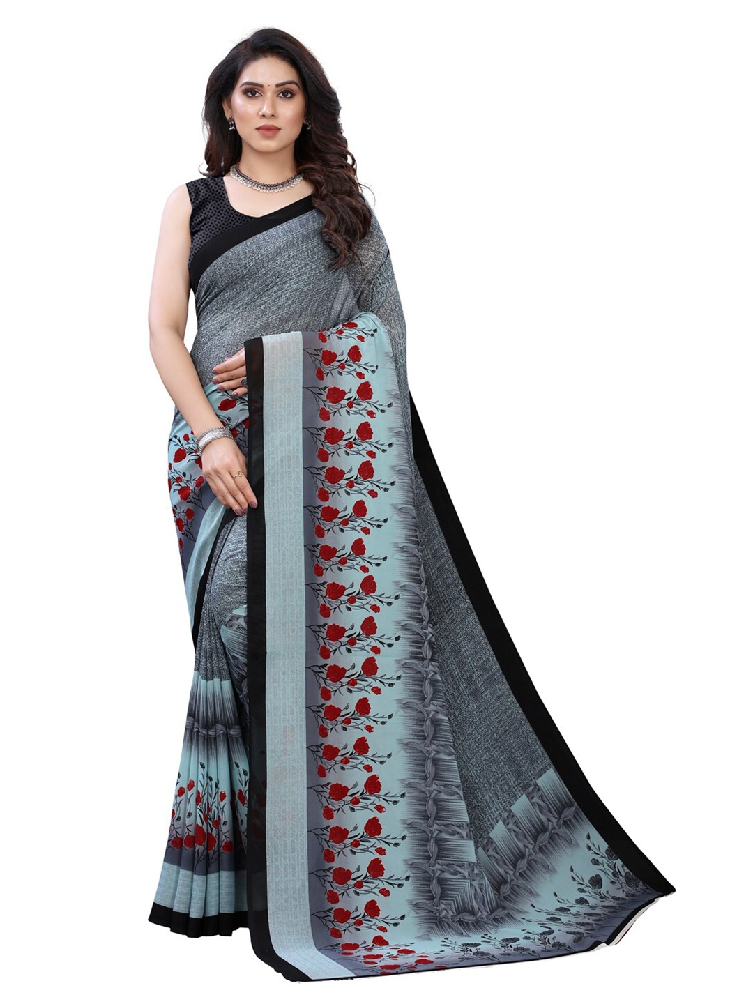 KALINI Grey & Black Floral Pure Georgette Saree