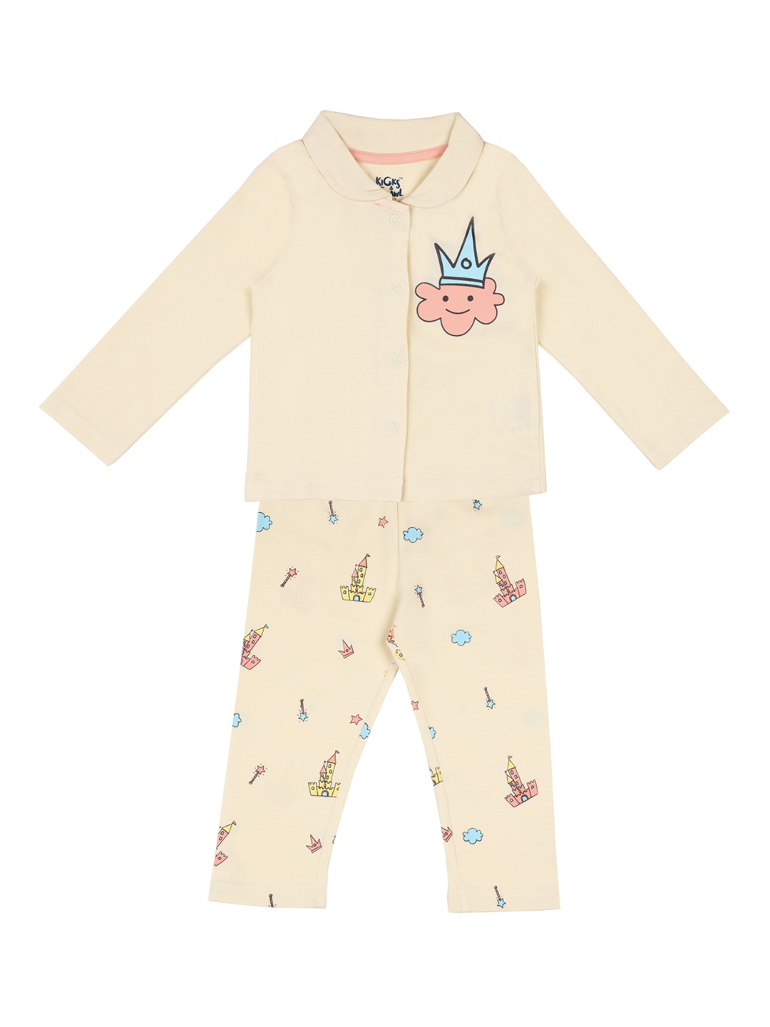 

KICKS & CRAWL Girls Cream-Coloured Printed Night suit