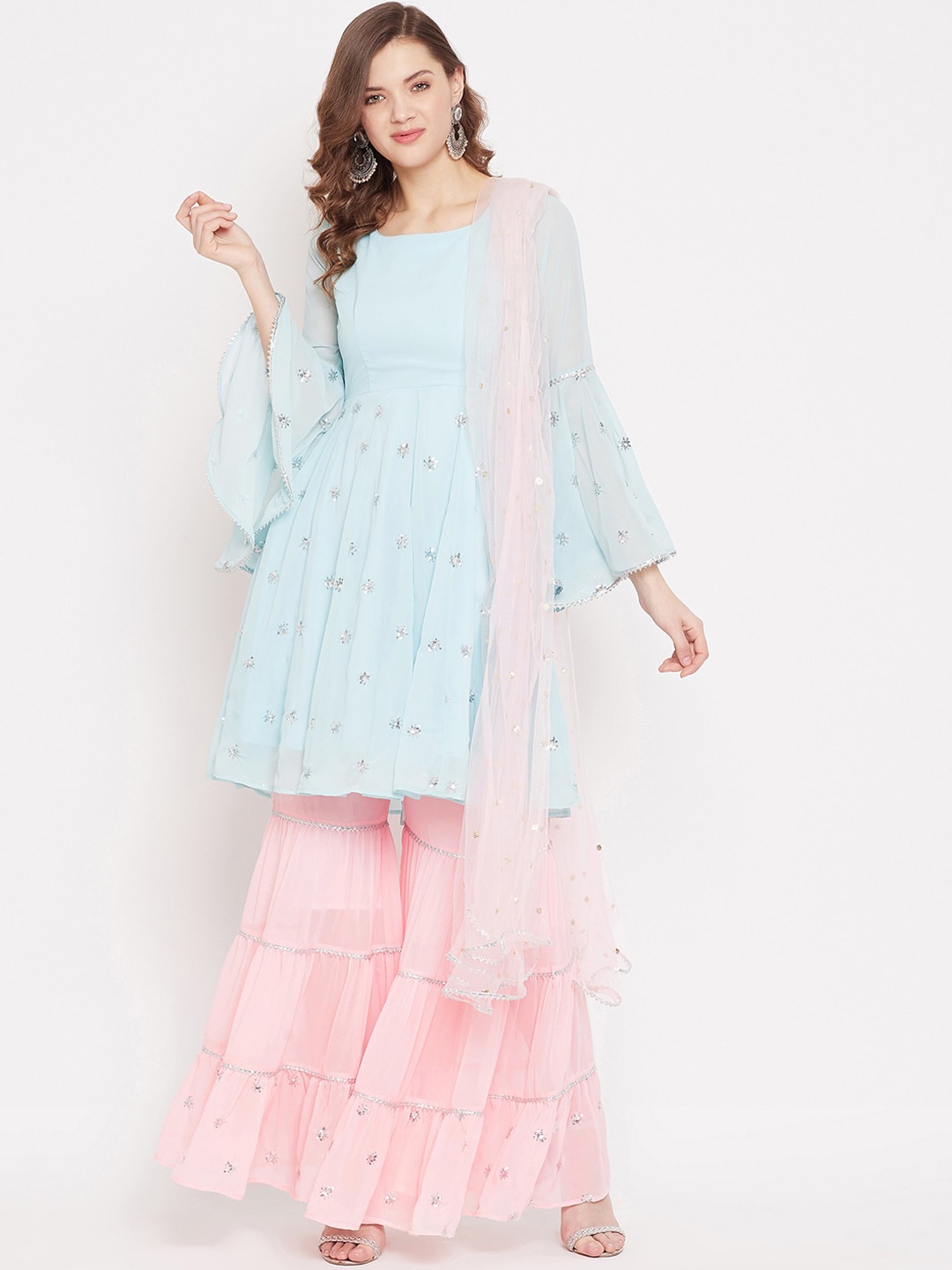 

PANIT Women Blue & Pink Floral Embroidered Tiered Kurta with Sharara & With Dupatta