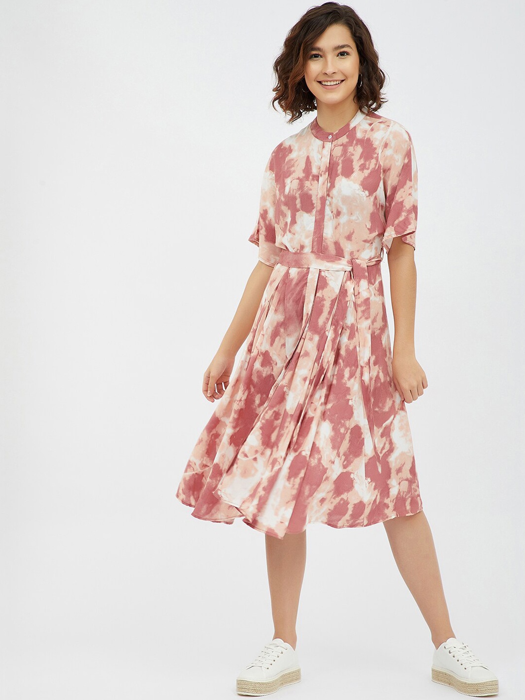 

FEMMELLA Pink & Peach-Coloured Tie and Dye Dyed A-Line Midi Dress