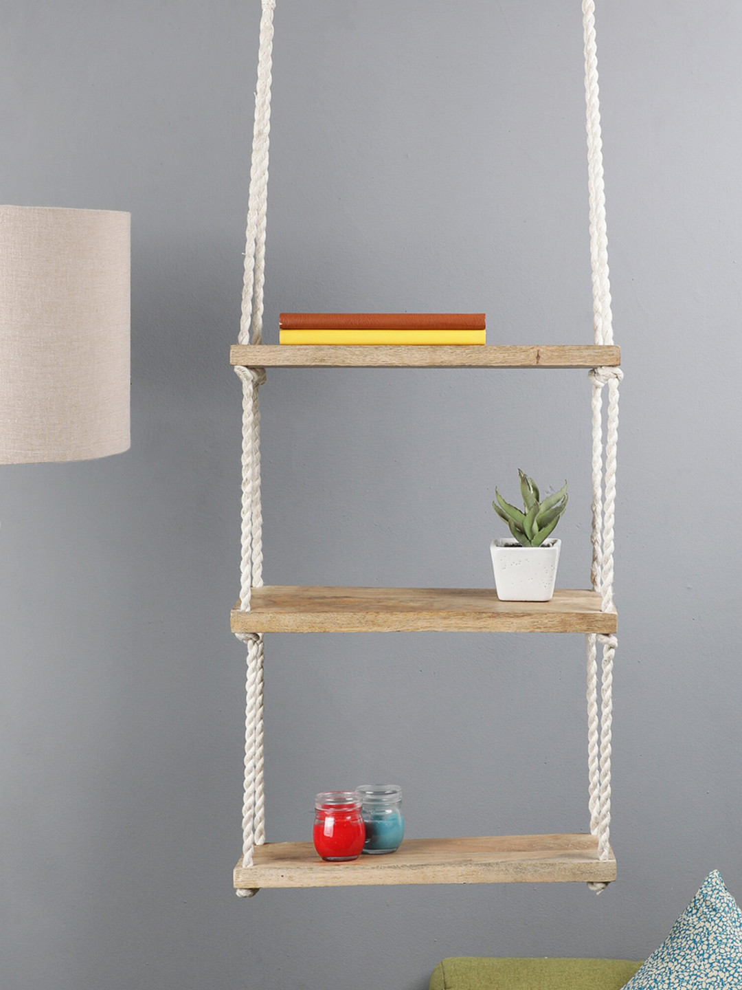 

The Decor Mart White & Beige Wooden Wall Hanging Shelf With Macrame Rope