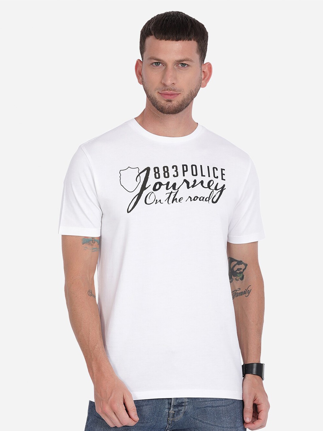 

883 Police Men White & Black Typography Printed T-shirt