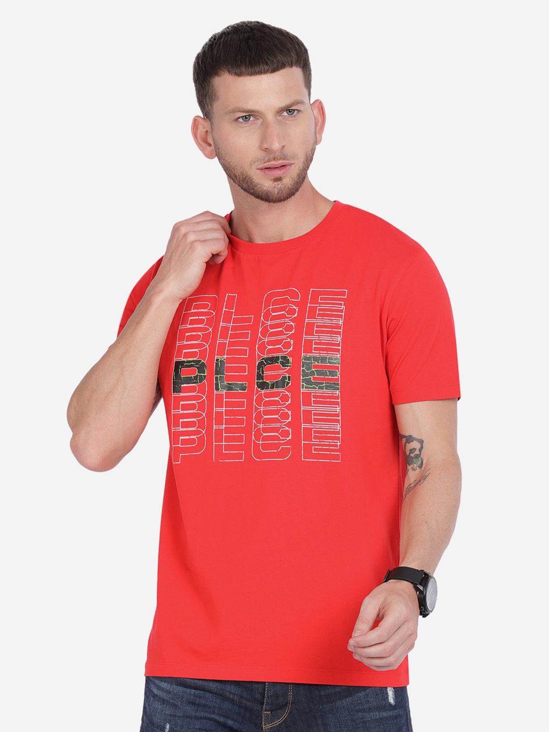 

883 Police Men Red Typography Printed T-shirt