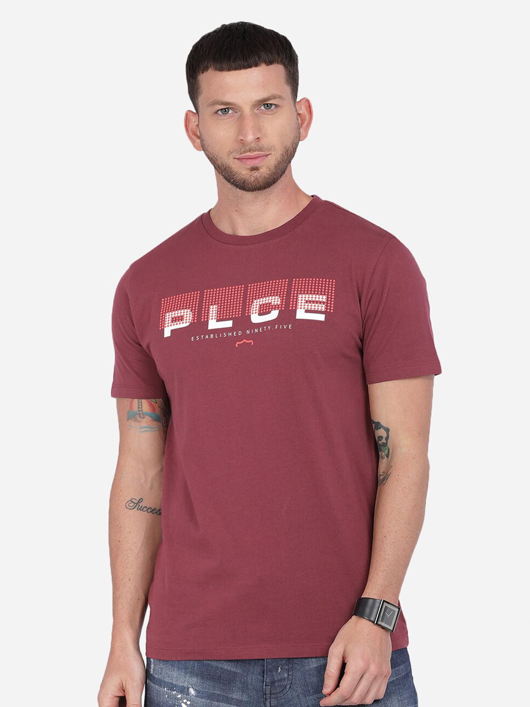 

883 Police Men Maroon Typography Printed T-shirt