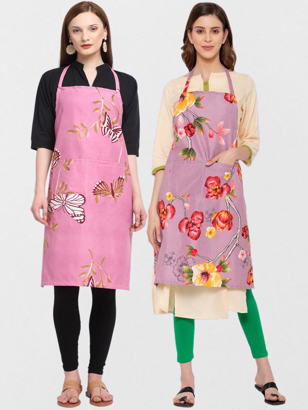 

KLOTTHE Unisex Pack Of 2 Printed Cotton 210 TC Aprons, Pink