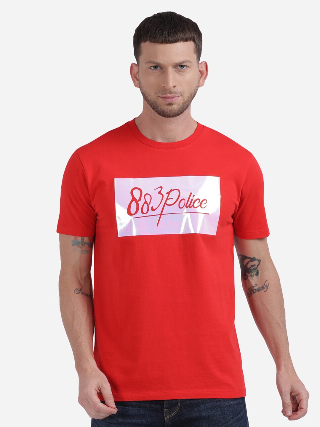 

883 Police Men Red Typography Printed Applique T-shirt