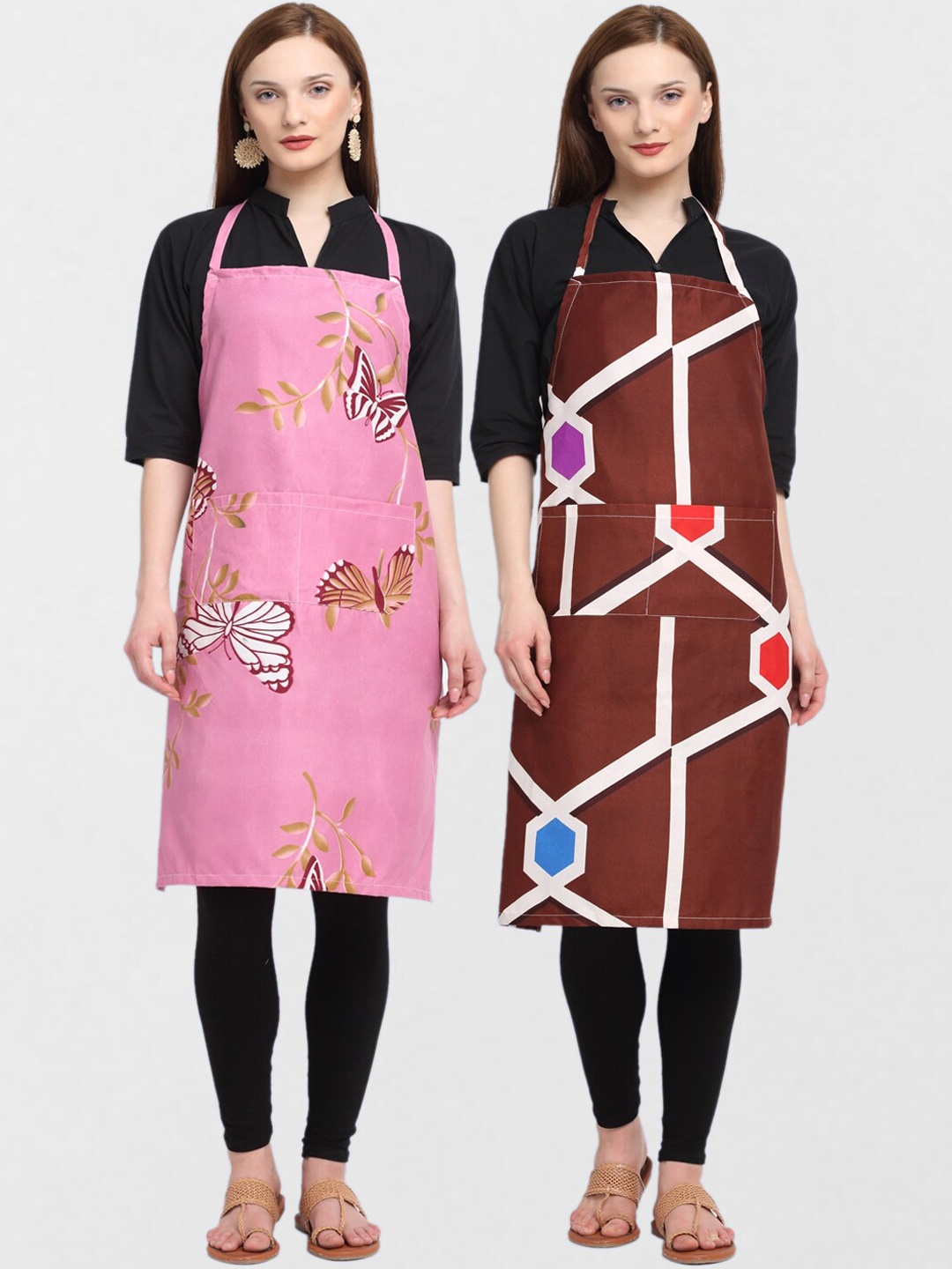KLOTTHE Pack Of 2 Printed 210 TC Cotton Aprons, Brown