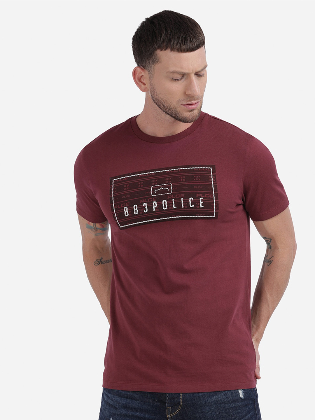 

883 Police Men Maroon Typography Cotton Printed T-shirt