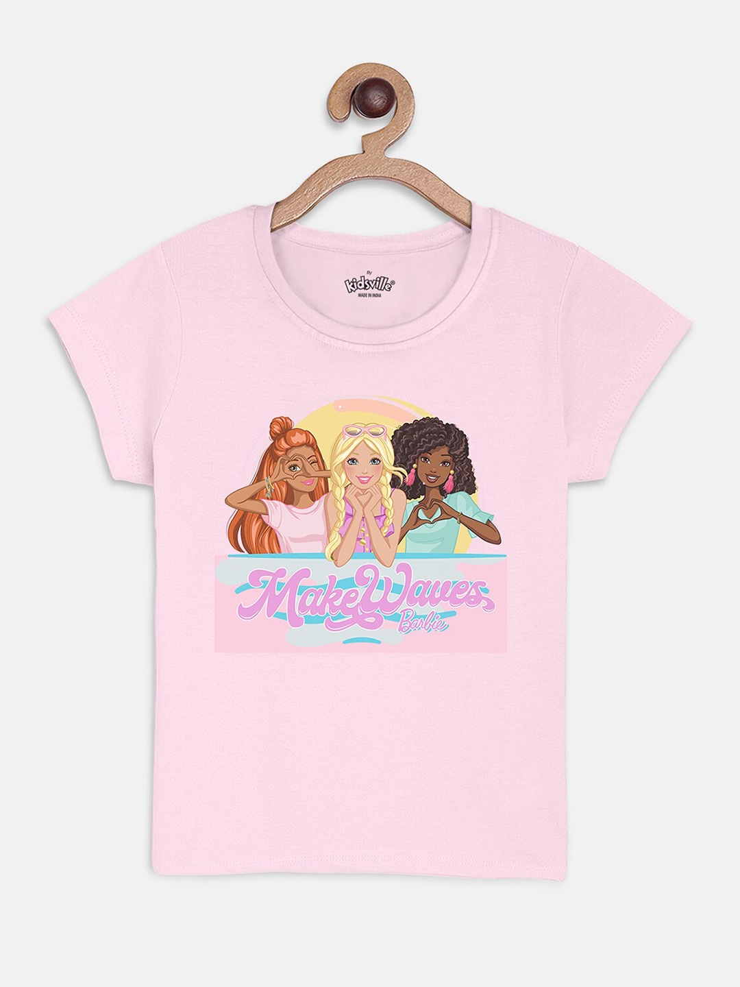 Kids Ville Girls Pink Barbie Printed Cotton Pure Cotton T-shirt