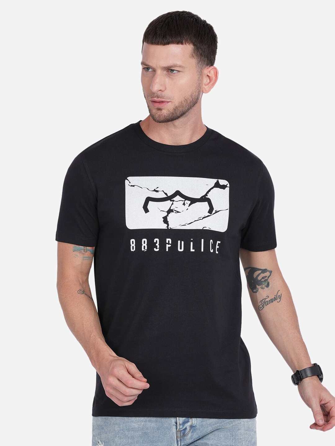 

883 Police Men Black Printed T-shirt