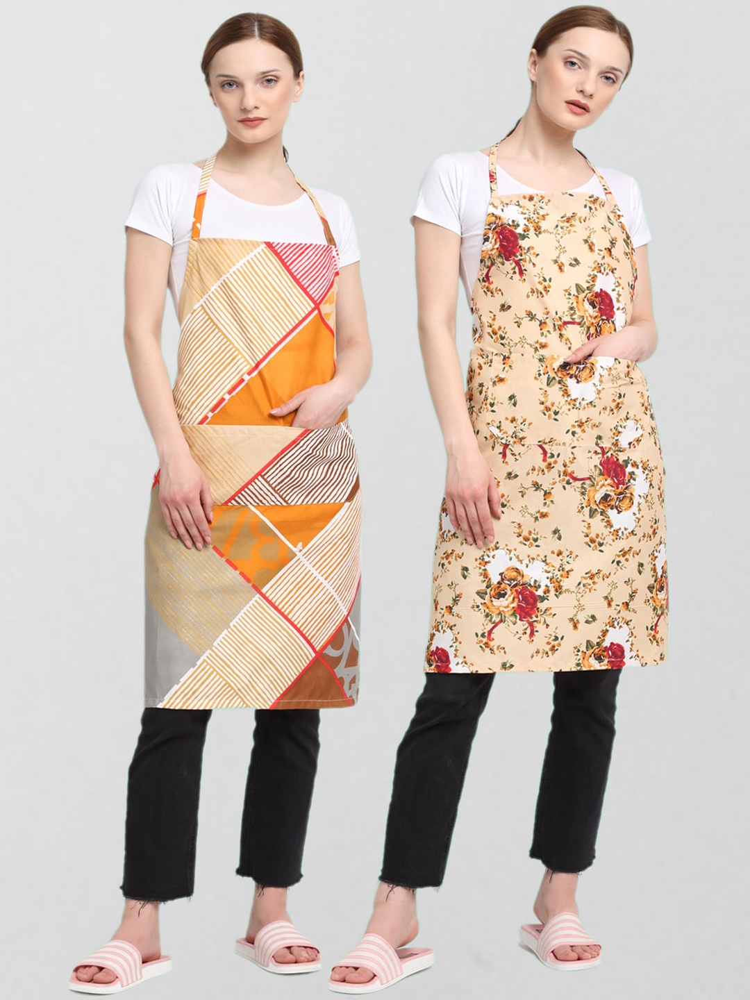 

KLOTTHE Unisex Pack Of 2 Printed Cotton 210 TC Aprons, Cream