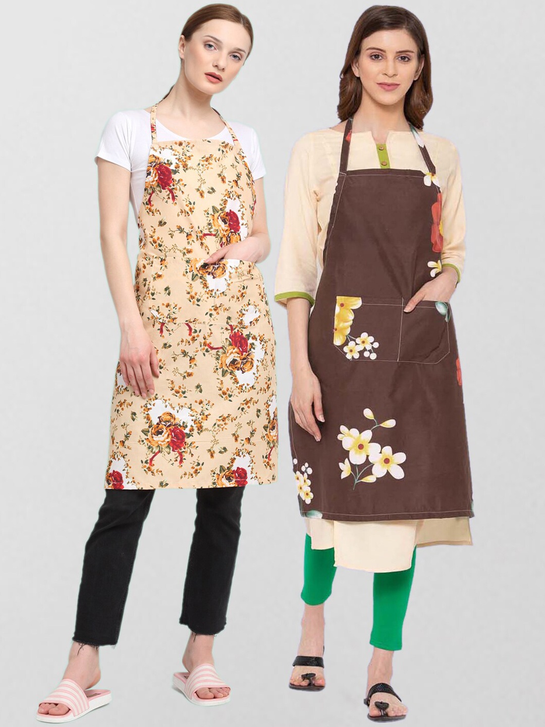 

KLOTTHE Pack Of 2 Printed 210TC Cotton Aprons, Brown