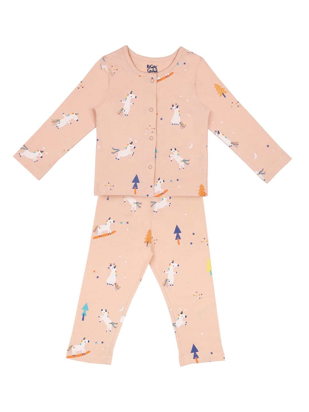 

KICKS & CRAWL Girls Peach & White Printed Night suit