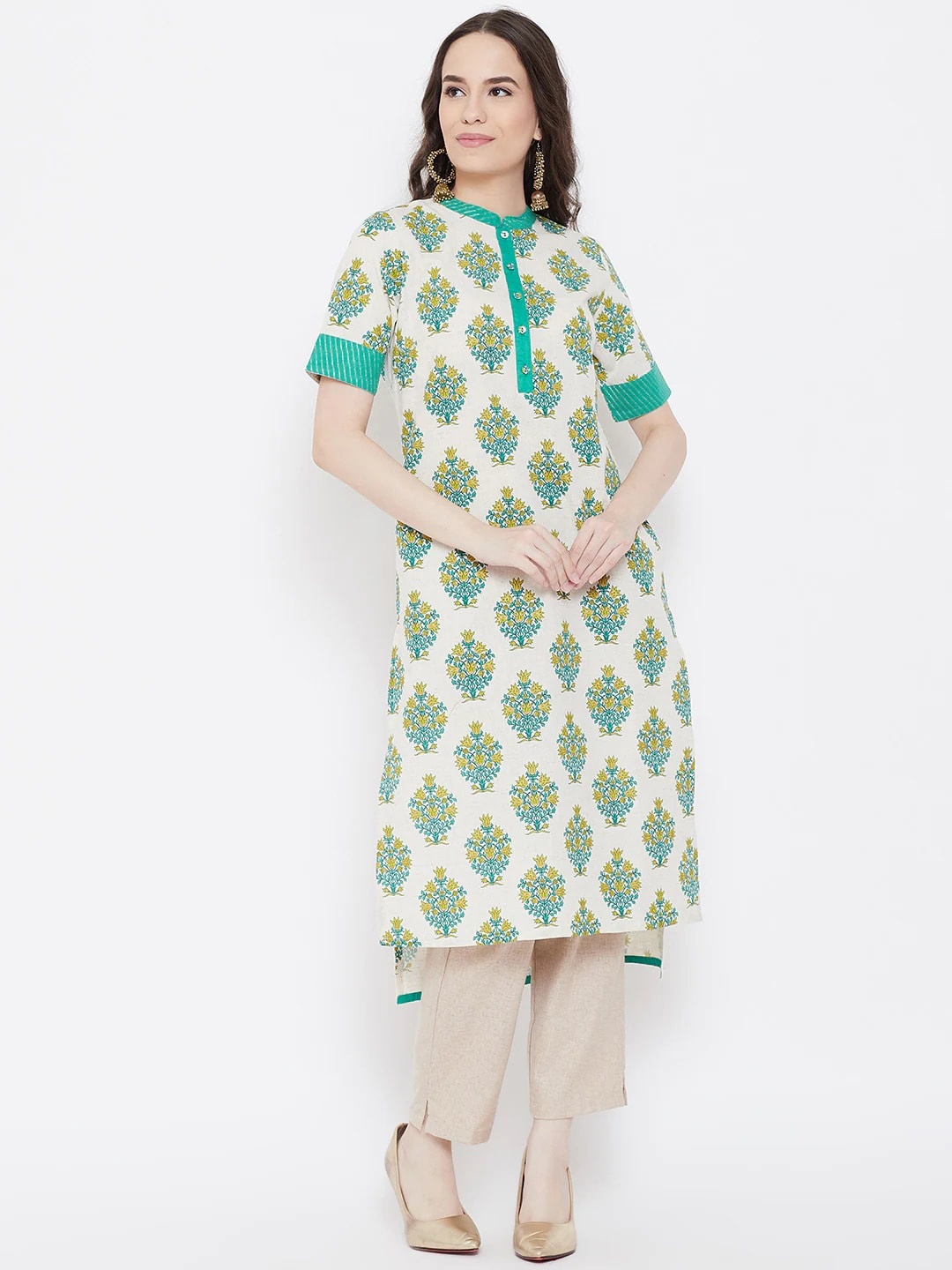 

Be Indi Women Off White Geometric Embellished Cold-Shoulder Sleeves Kurta