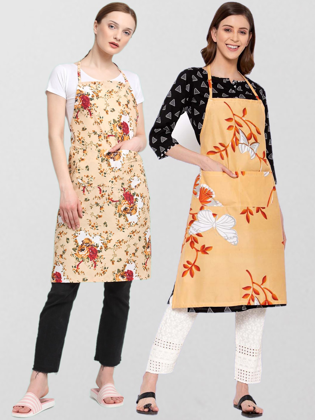 KLOTTHE Unisex Pack Of 2 Printed 210 TC Cotton Aprons, Beige