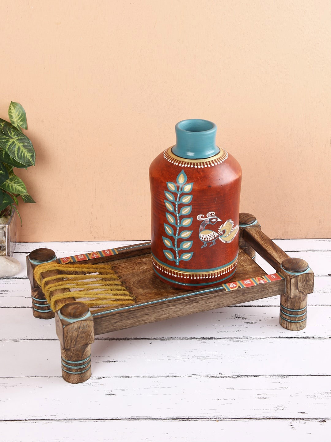 

Aapno Rajasthan Rust Red & Blue Vase with Traditional Khaat