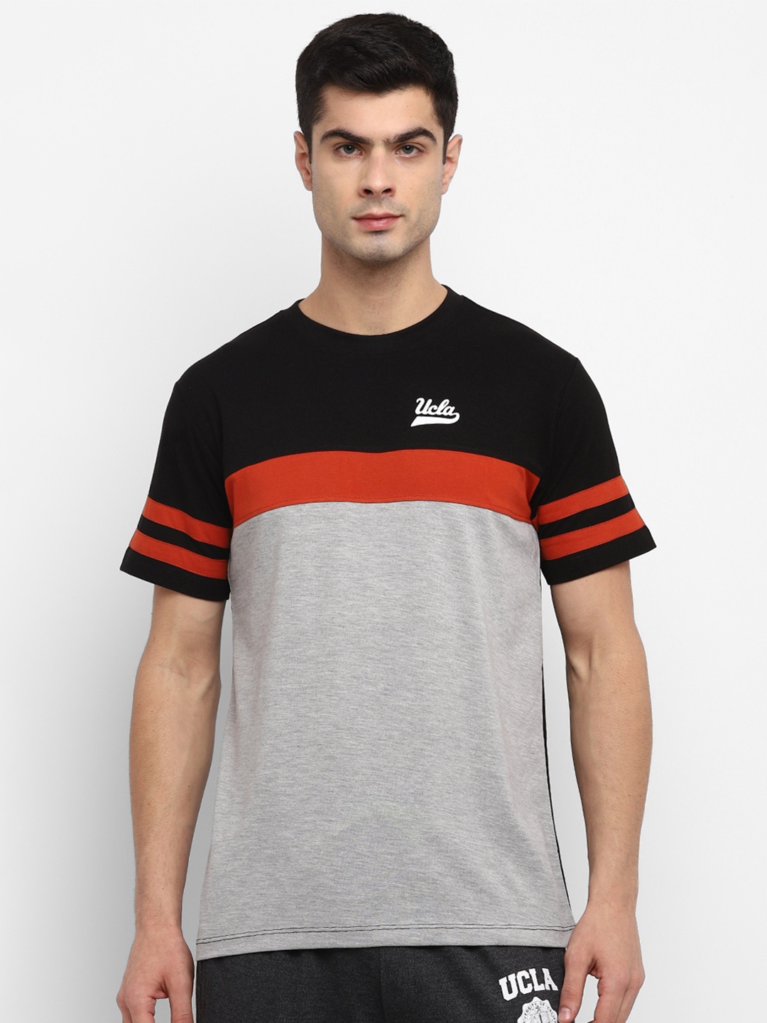 UCLA Men Black & Grey Melange Colourblocked T-shirt