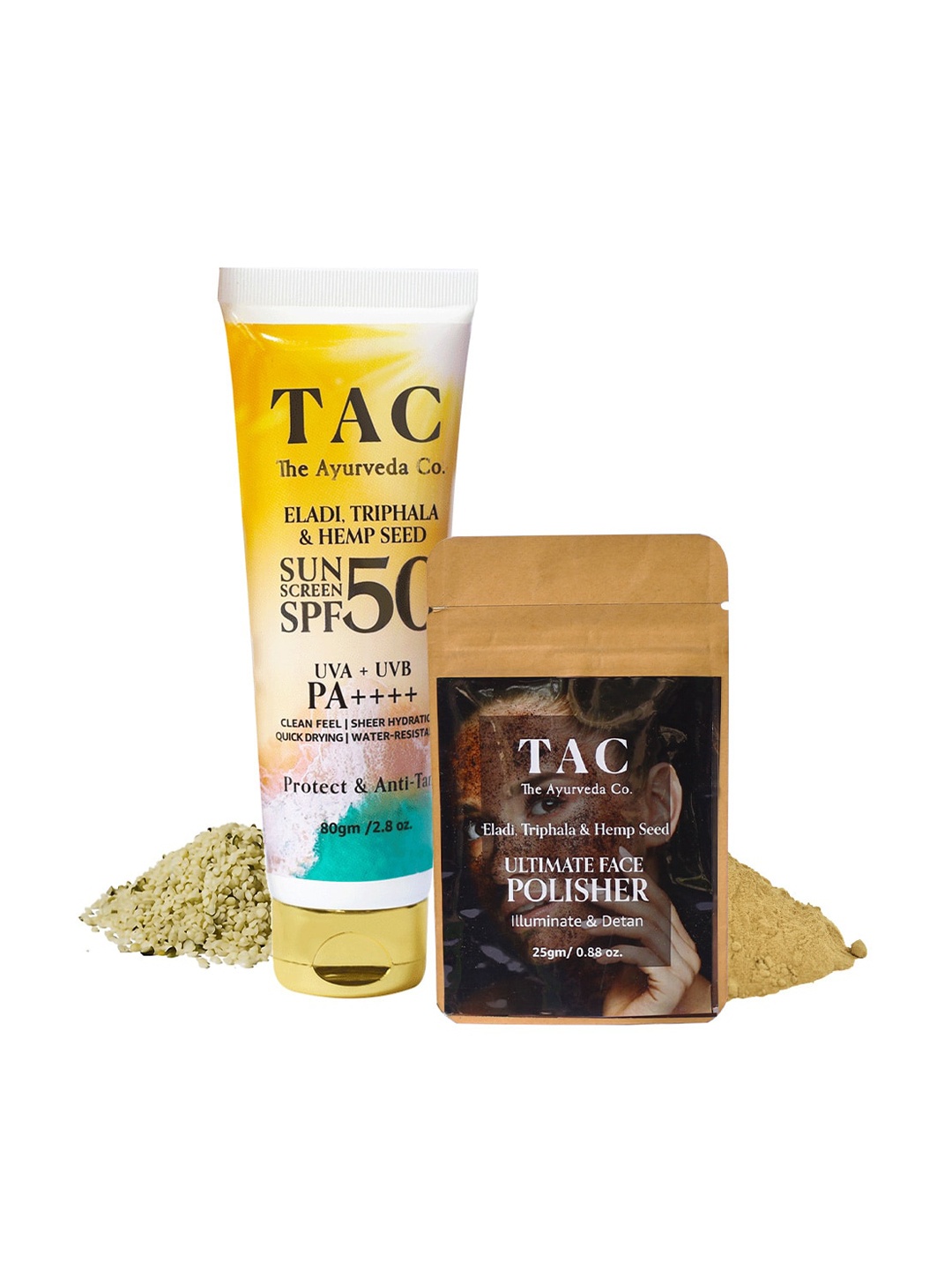 

TAC - The Ayurveda Co. Eladi Triphla & Hemp Seed Oil Face Scrub & SPF 50 Sunscreen UVA UVB, Brown
