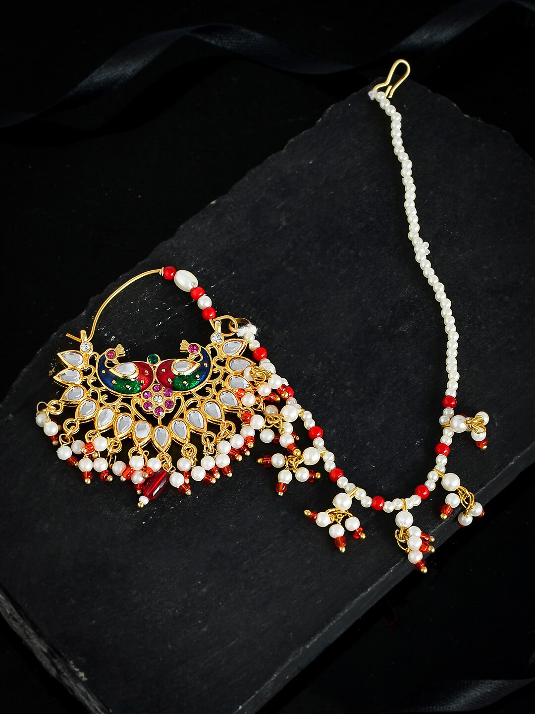 

Silvermerc Designs Gold-Plated Red & White Stone-Studded & Beaded Meenakari Nosering