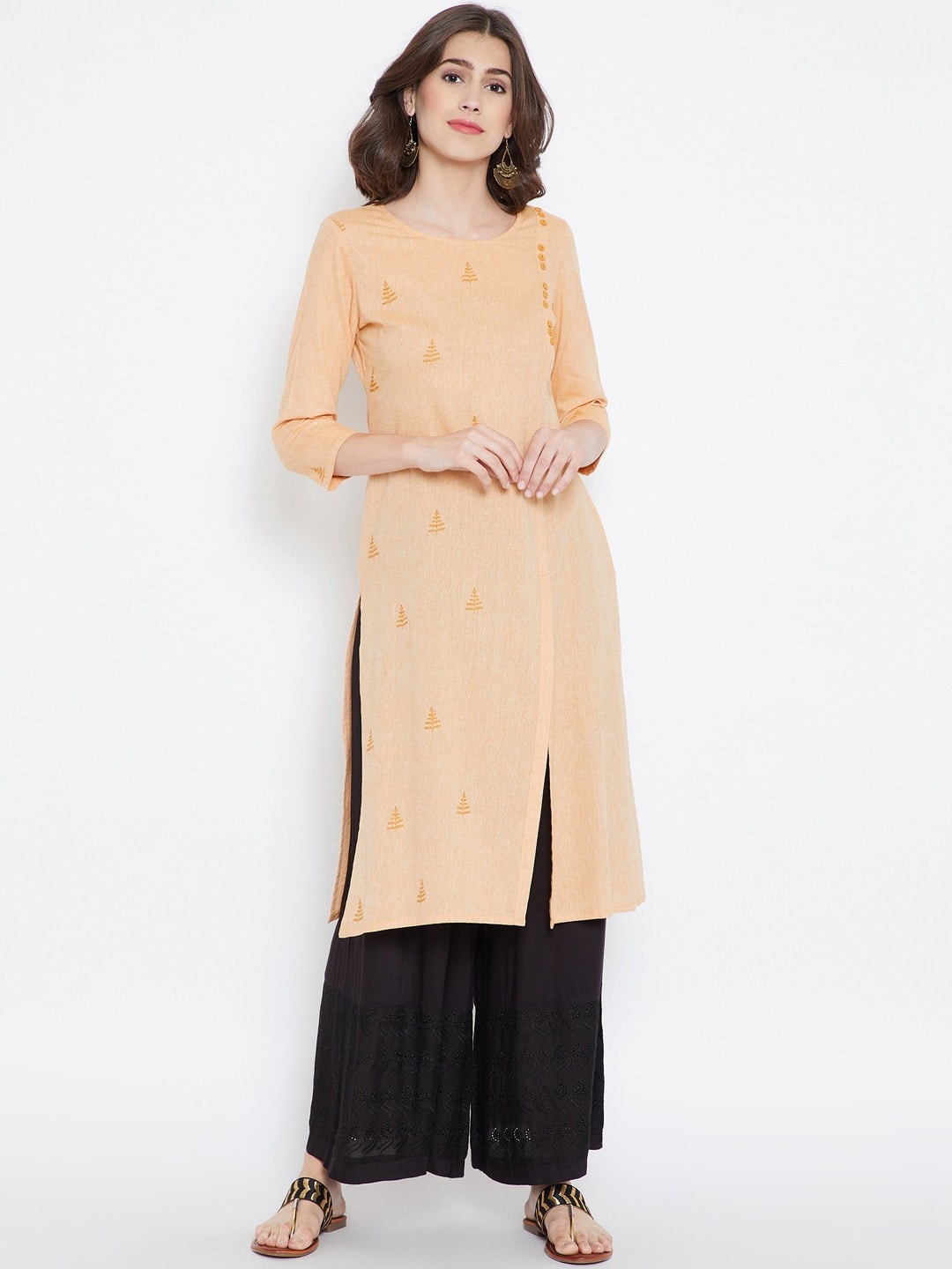 Be Indi Women Mustard Yellow Floral Embroidered Kurta