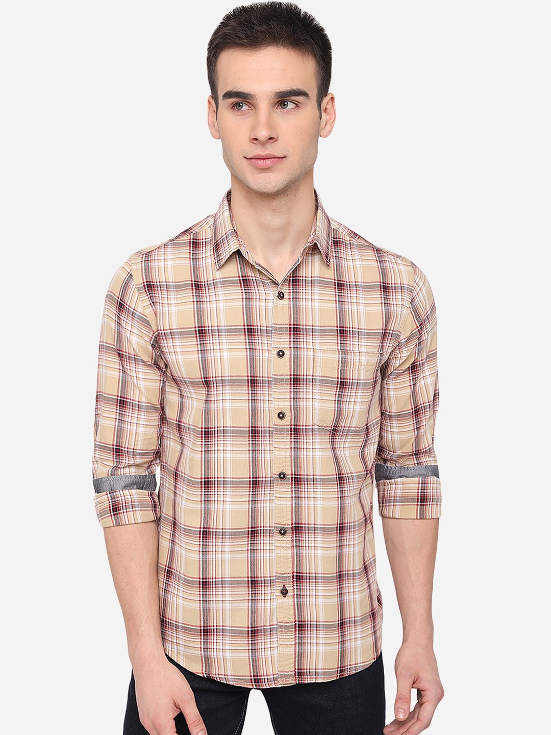 

Greenfibre Men Beige & Red Slim Fit Tartan Checked Cotton Casual Shirt