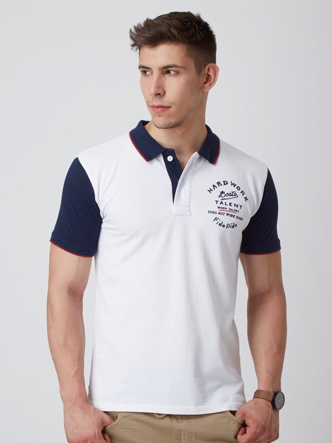 

FIDO DIDO Men White Polo Collar Slim Fit T-shirt