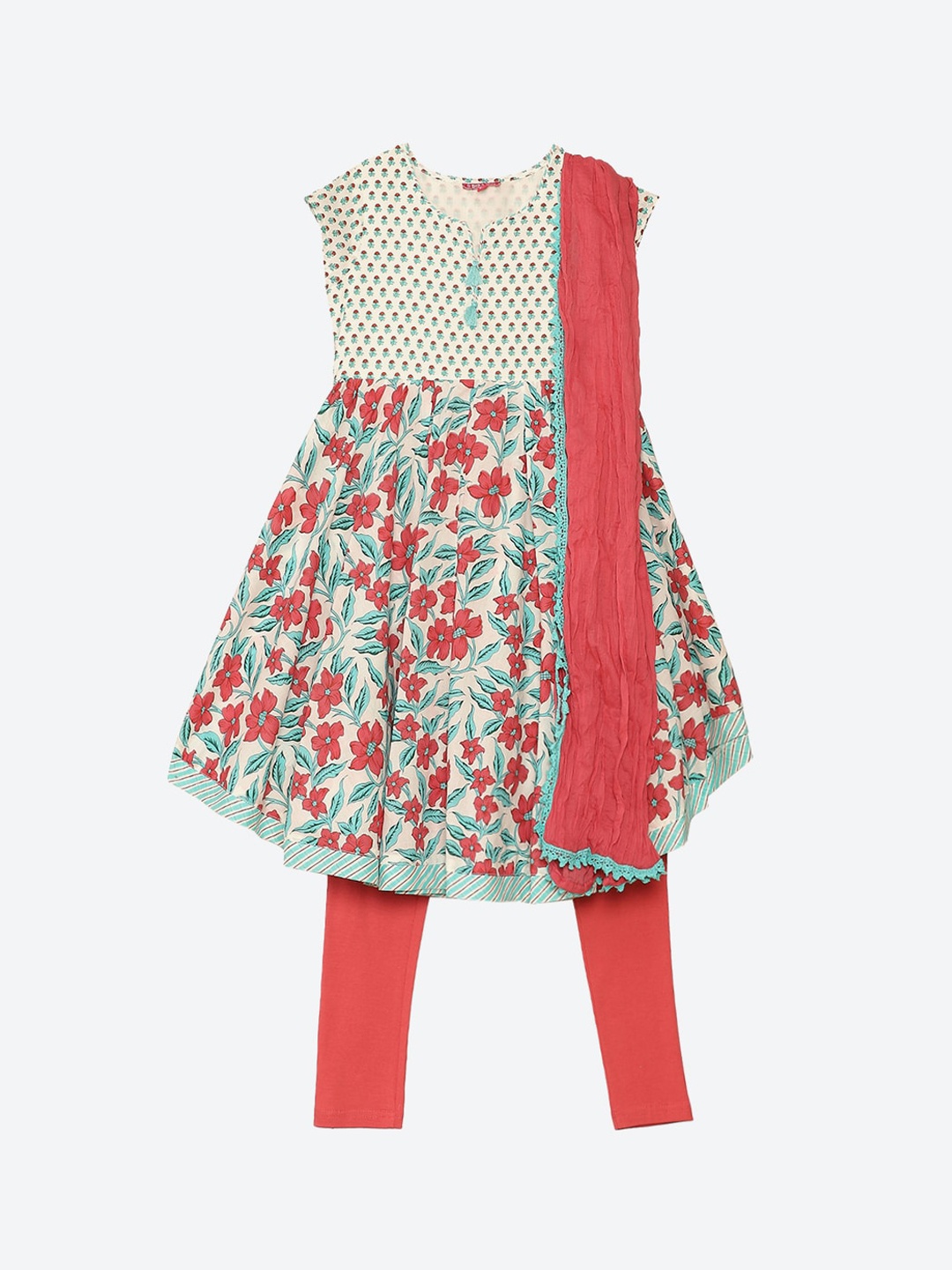 

Biba Girls Multi Floral Printed Pleated Kurti with Churidar & With Dupatta