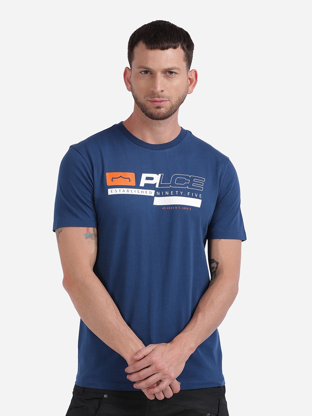 

883 Police Men Navy Blue Typography Printed Cotton T-shirt