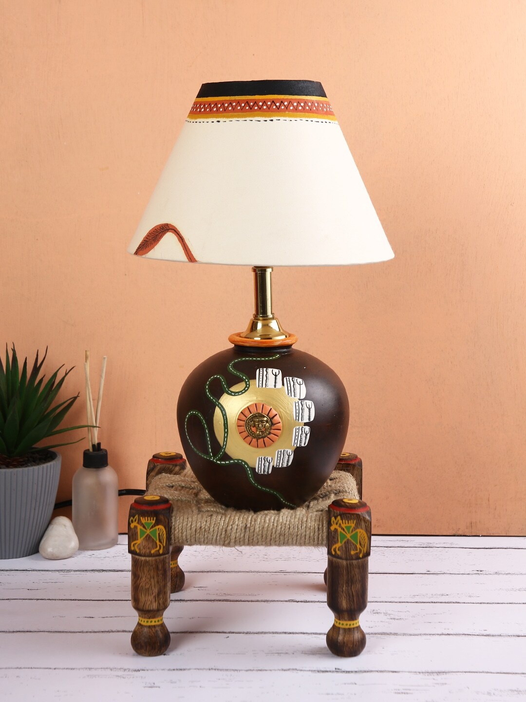 

Aapno Rajasthan Brown & White Printed Contemporary Bedside Standard Table Lamp on Khaat