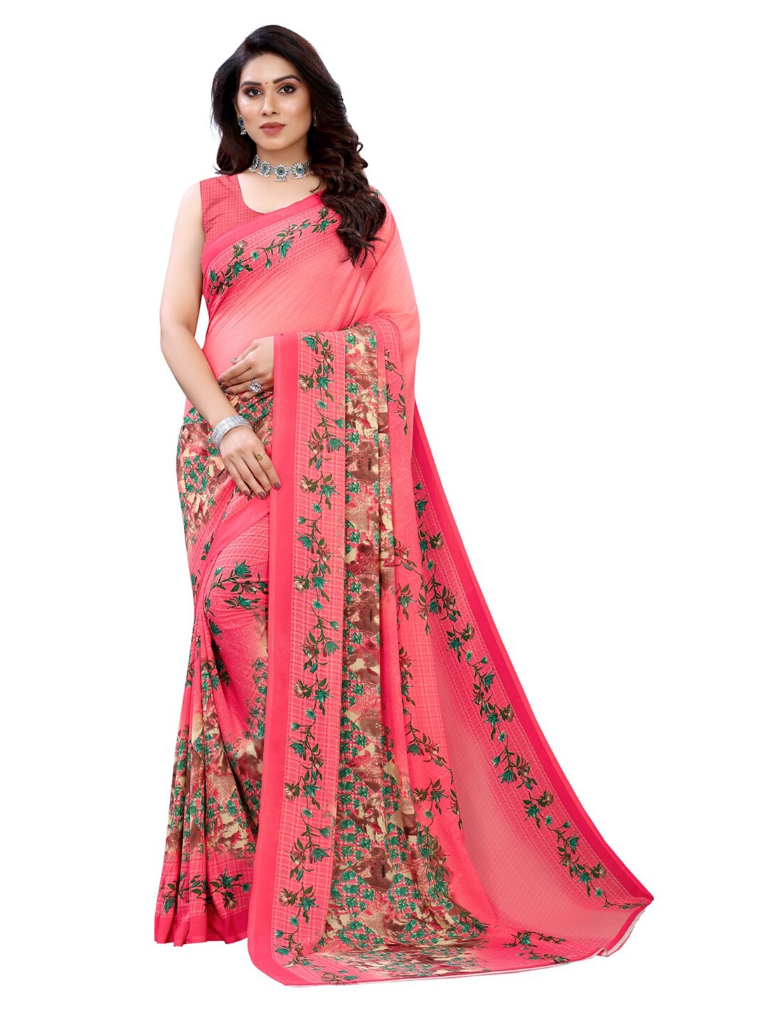 

KALINI Pink & Green Floral Pure Georgette Saree