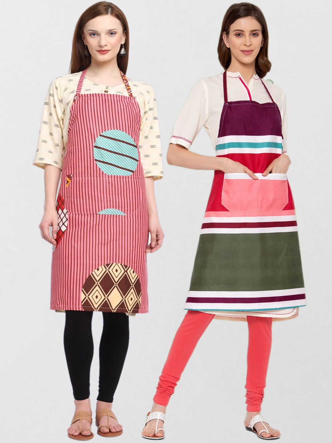 KLOTTHE Pack Of 2 Printed 210TC Cotton Aprons, Red