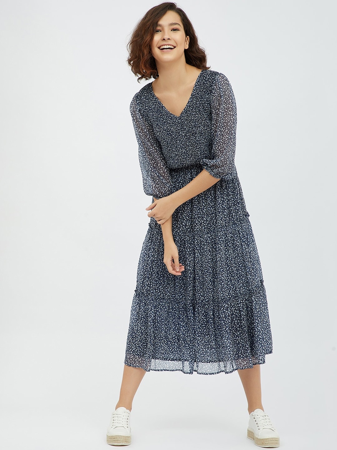 

Femella Navy Blue Tribal Layered Midi Dress