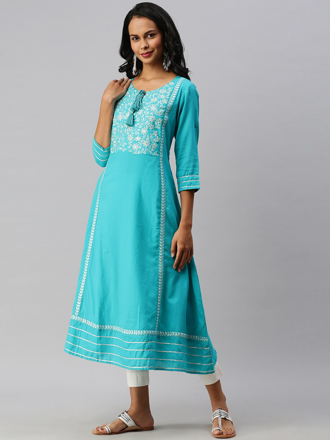 

Soch Women Blue Floral Yoke Design Cotton Kurta