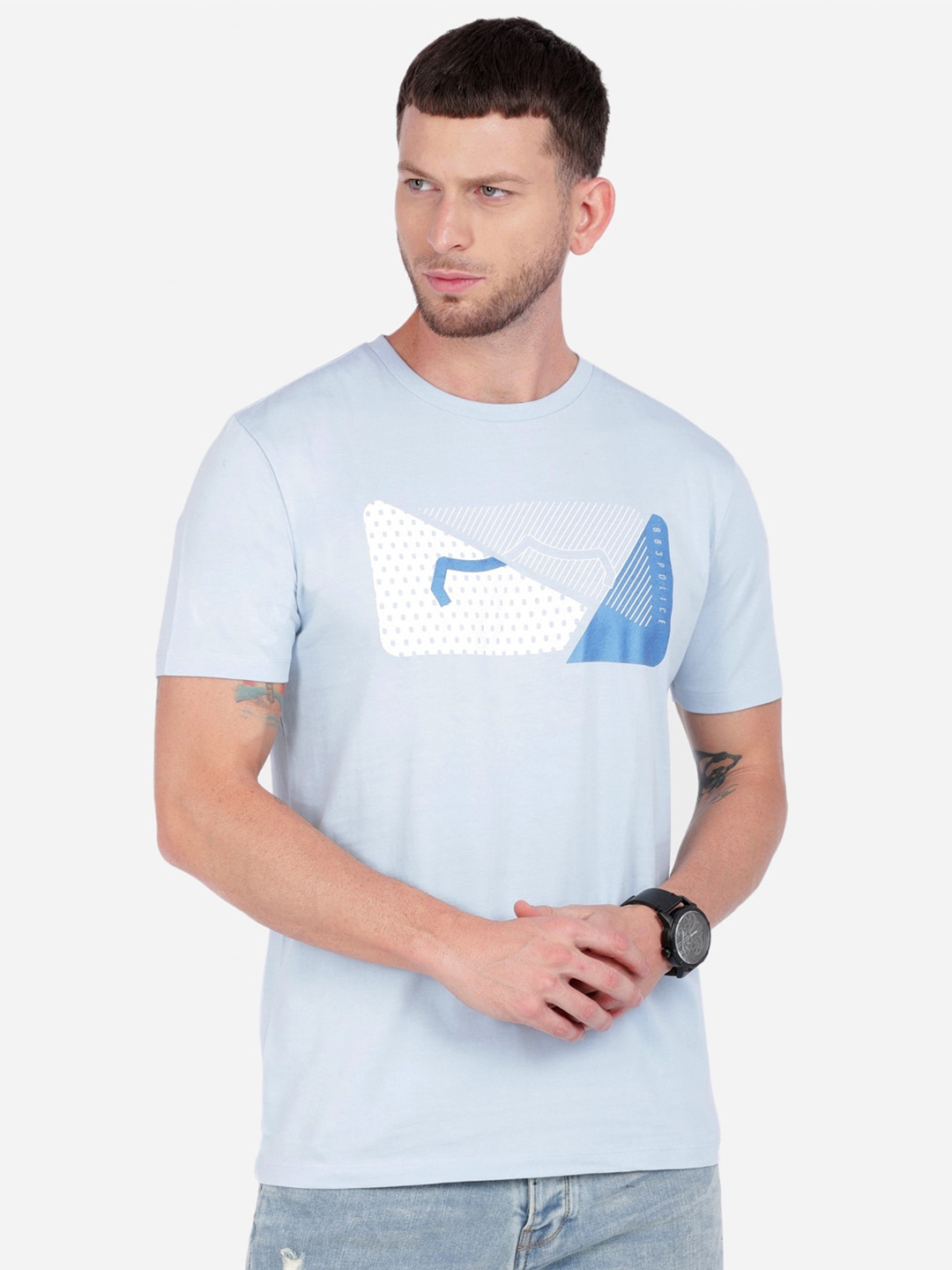

883 Police Men Blue Printed T-shirt