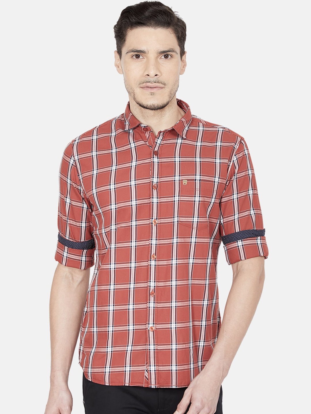 Oxemberg Men Orange Slim Fit Windowpane Checks Checked Casual Shirt