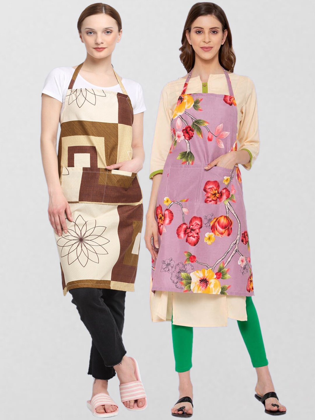 

KLOTTHE Pack Of 2 Printed 210 TC Cotton Aprons, Brown