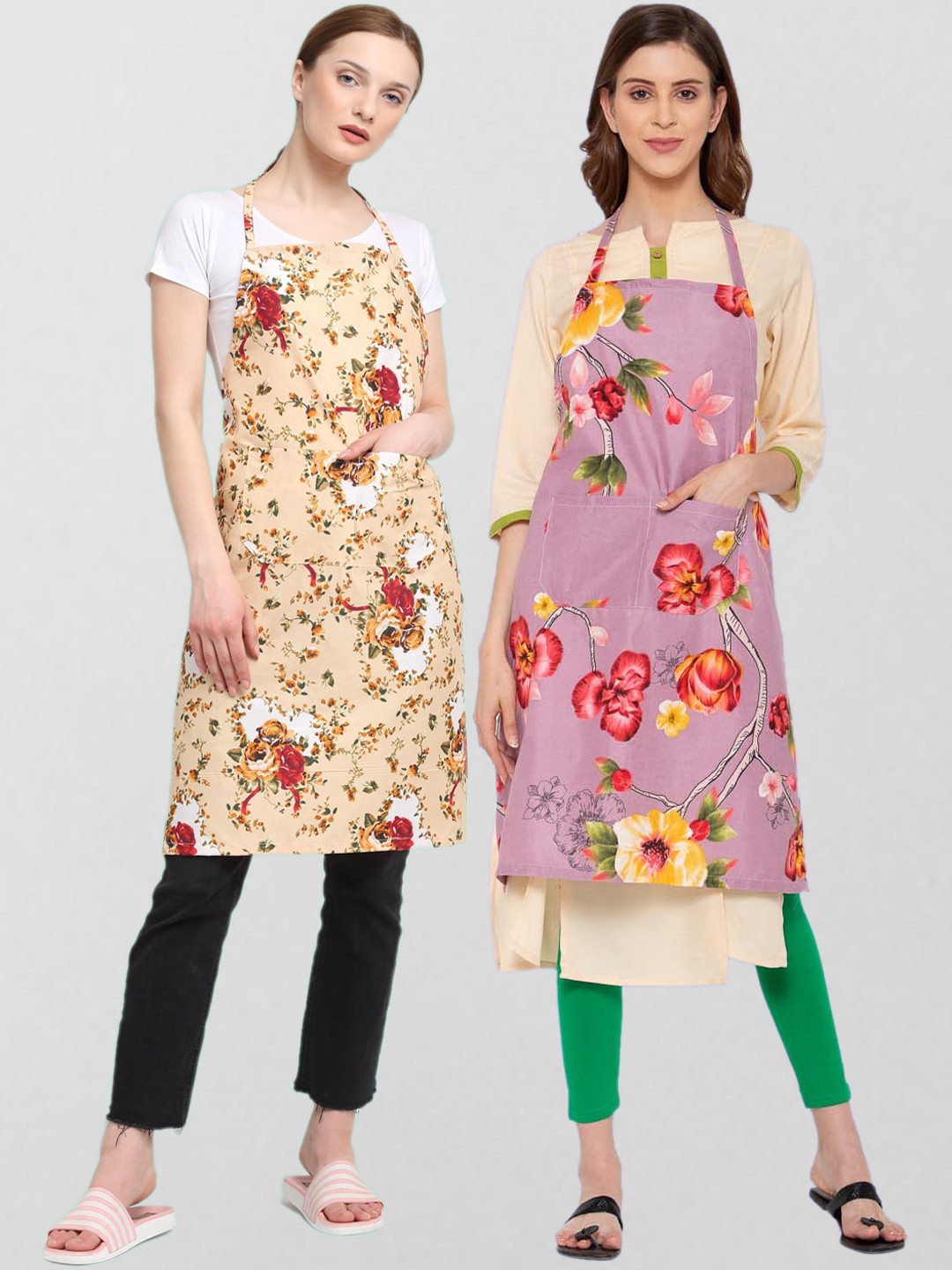 

KLOTTHE Pack Of 2 Printed 210 TC Cotton Aprons, Beige