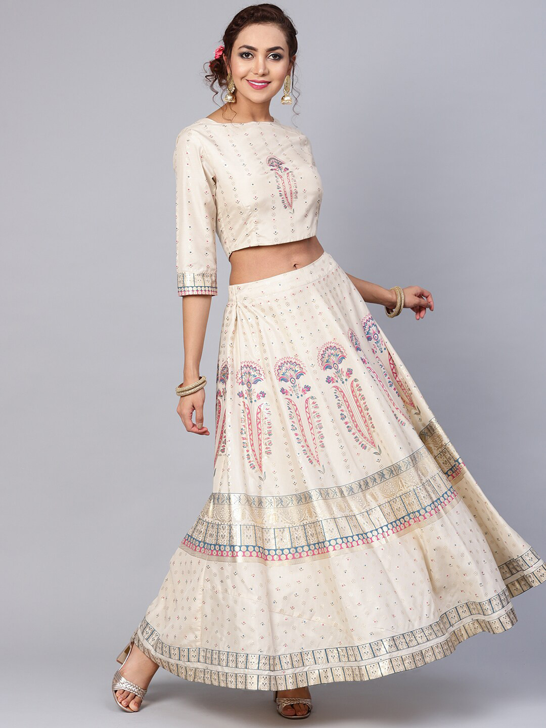 

Juniper Cream-Coloured & Blue Printed Foil Print Ready to Wear Lehenga &
