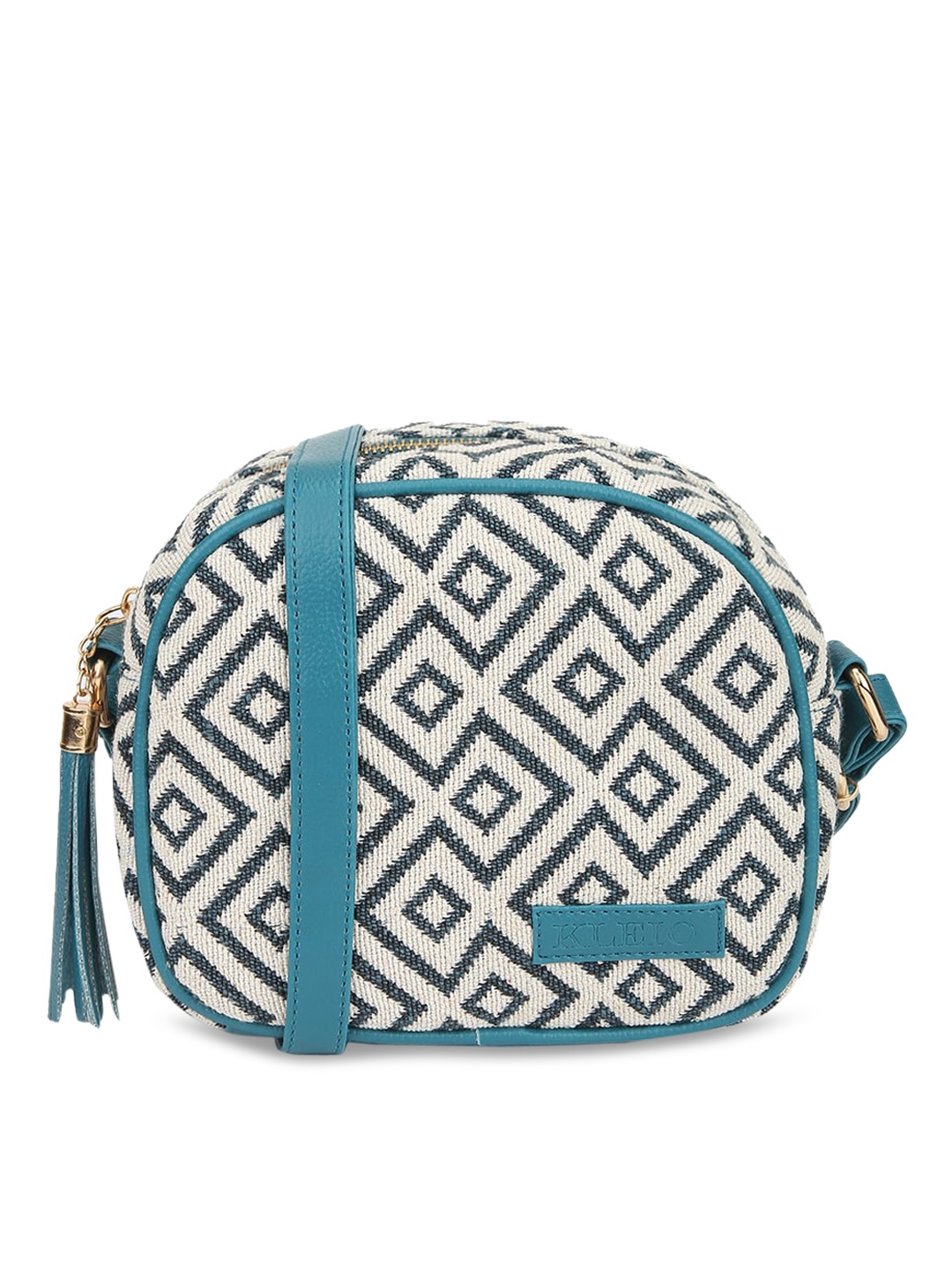 

KLEIO Geometric Print Jacquard Half Moon Sling Bag with Tasselled Detail, Olive