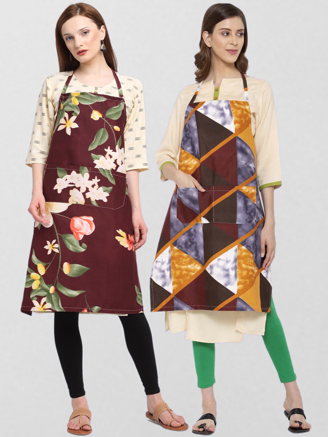 KLOTTHE Unisex Pack Of 2 Printed 210 TC Cotton Aprons, Brown