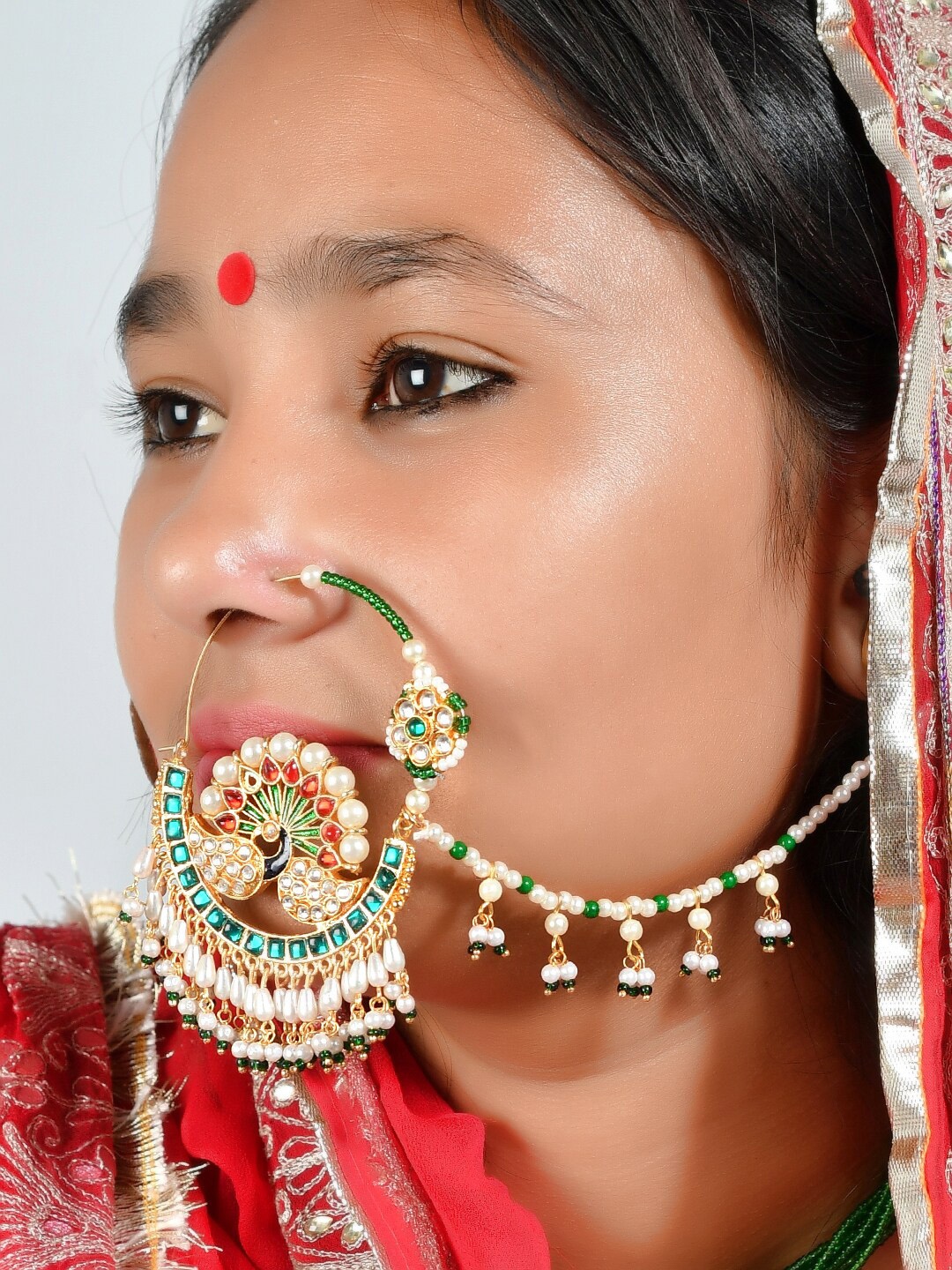 

Silvermerc Designs Gold-Plated Green & White Stone-Studded & Beaded Meenakari Nosering