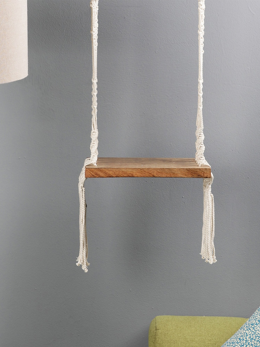 

The Decor Mart Off White & Beige Wooden Wall Hanging Macrame Knotted Shelf