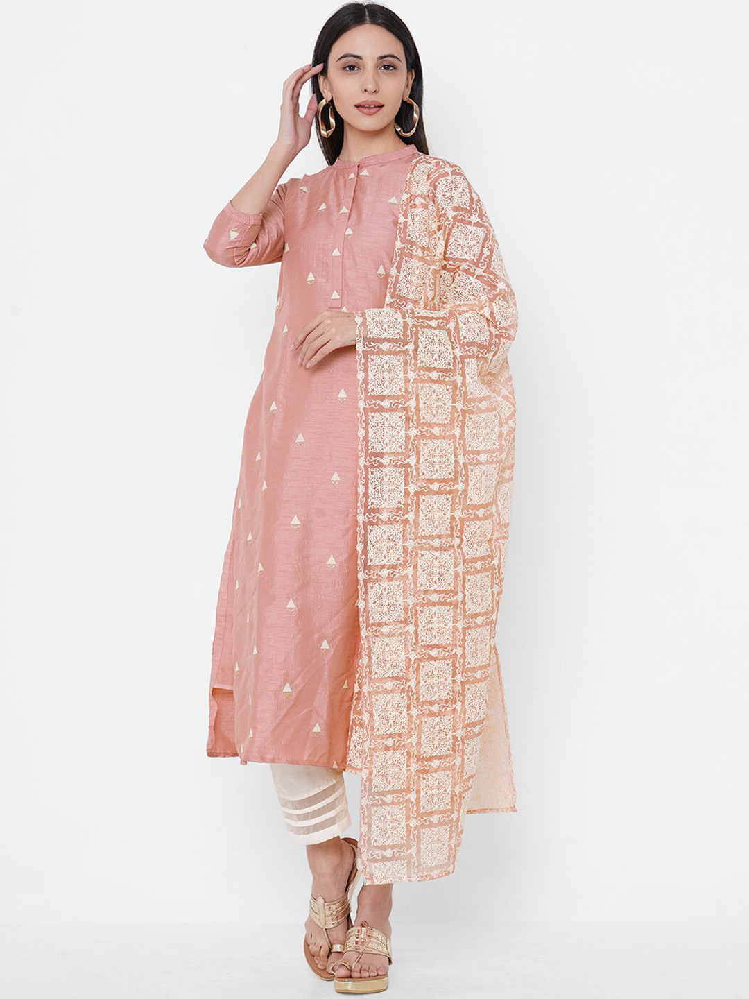 

FASHOR Women Pink Ethnic Motifs Embroidered Raw Silk Kurta with Palazzos & Dupatta